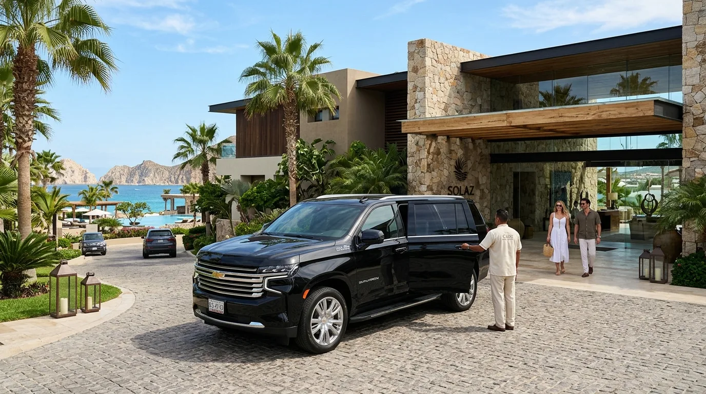 Luxury SUV parked at a high-end Cabo resort entrance, ready for guest arrival.