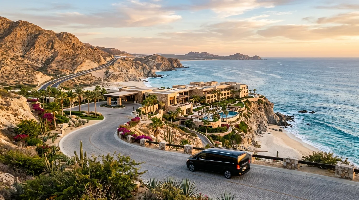 Professional driver assisting guests with luggage from a luxury van at a Cabo resort.