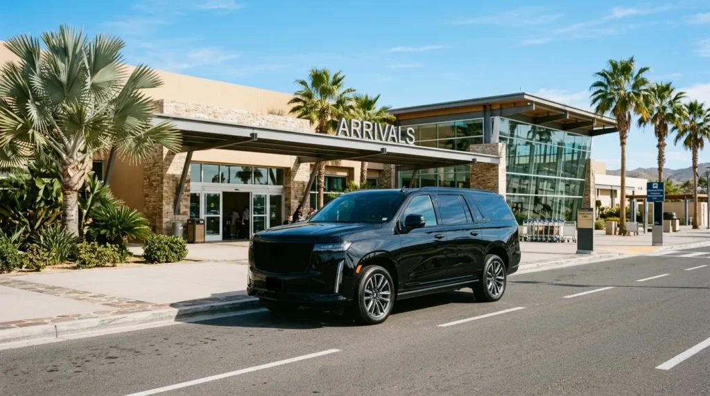 Luxury private shuttle SUV waiting at SJD Airport for transfer to Cabo San Lucas