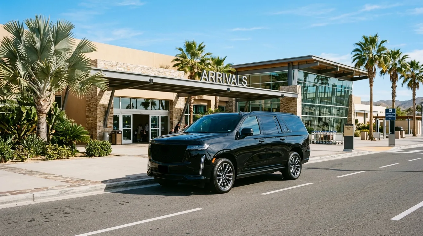 Luxury private shuttle SUV waiting at SJD Airport for transfer to Cabo San Lucas