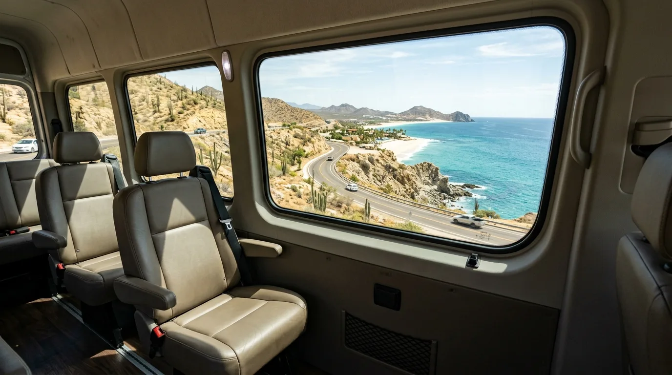 Relaxing Ride with Private Shuttle Cabo San Lucas Interior view of a comfortable private transfer vehicle driving along the scenic Los Cabos coastline