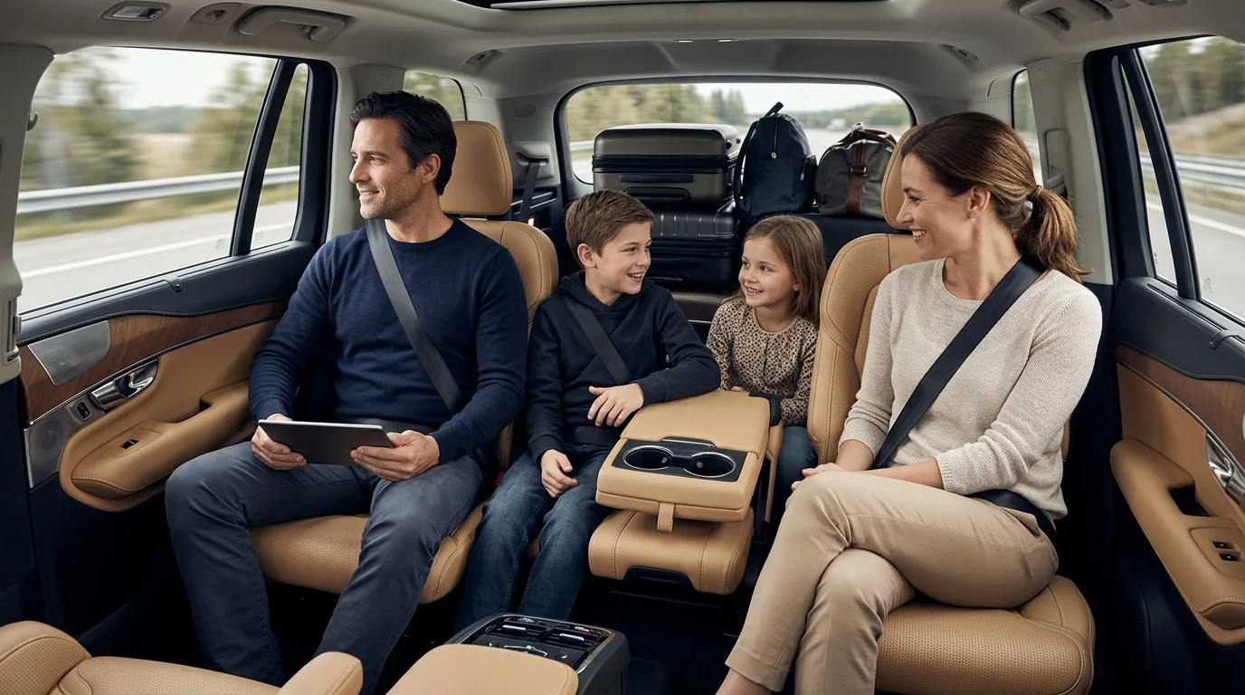 Family-Friendly Private Transportation to Cabo San Lucas Family with two children comfortably riding in a spacious private SUV shuttle to Cabo San Lucas