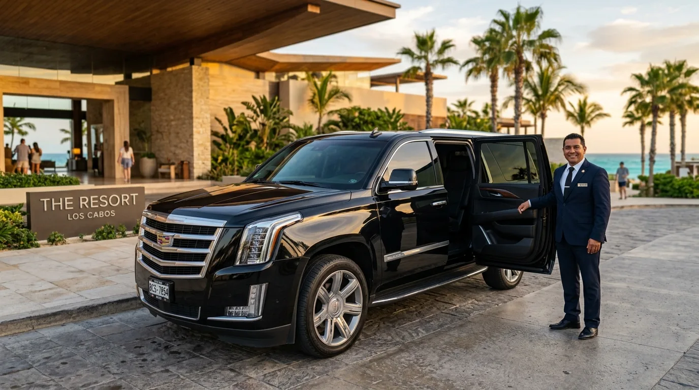 Luxurious black SUV private shuttle parked at a high-end resort entrance in Los Cabos, ready to welcome guests.