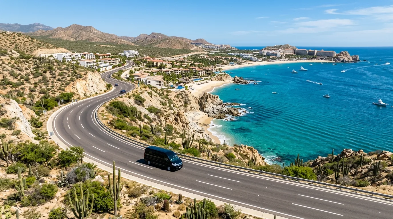 Scenic Los Cabos coastal highway with a private transfer vehicle driving towards resort areas.