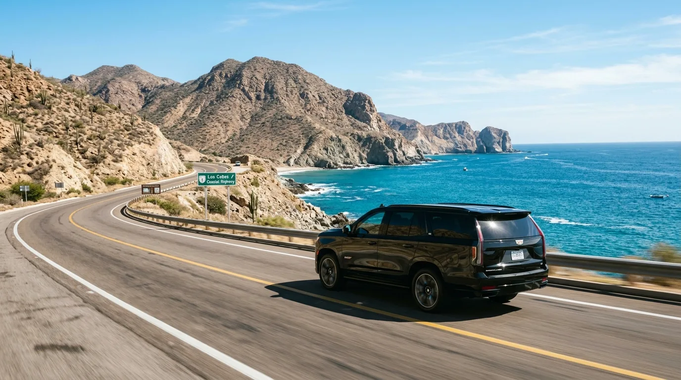 Luxury private SUV driving along a scenic coastal road in Los Cabos from SJD airport.