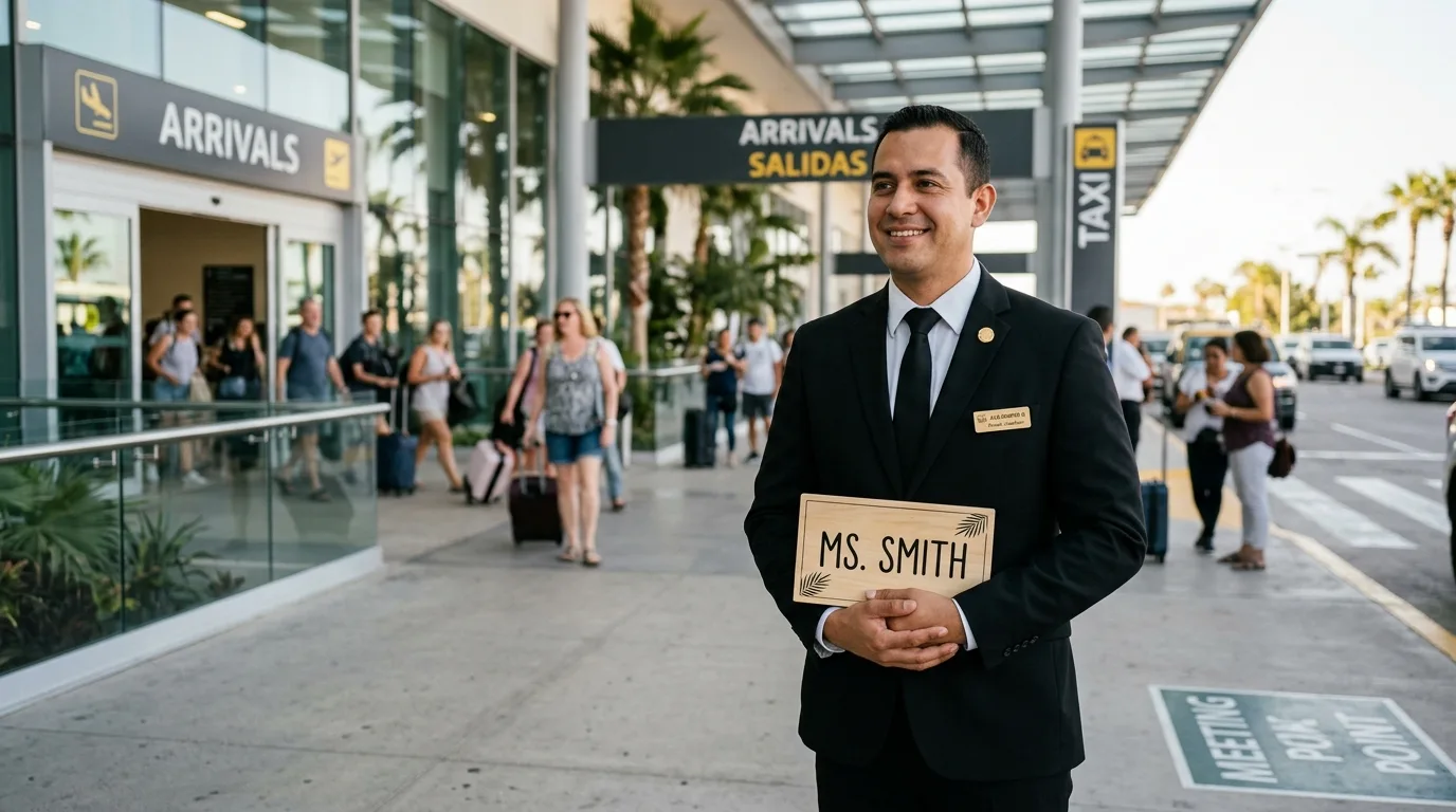 Seamless SJD Airport Pickup and Arrival Experience Professional chauffeur awaiting arriving passengers outside SJD Airport terminal.